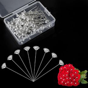 100 PCS Corsage Boutonniere Pins, Sewing Corsages Flower Pins, 2 Inch Bouquet Flower Floral Diamond Rhinestones Pins, Crystal Head Clear Straight Pins, Jewelry DIY Decoration, DIY Craft Sewing