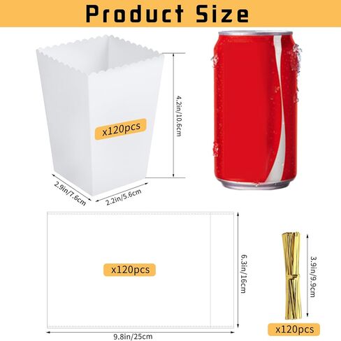120 قطعة من علب الفشار الصغيرة، 2.2 × 4.2 × 3 بوصة، أكواب فشار ورقية صغيرة مع كيس سيلوفان شفاف، صناديق فشار بيضاء للاستعمال مرة واحدة للحفلات in Kuwait