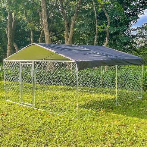 Large Outdoor Metal Dog Kennel with Waterproof Cover, Galvanized Steel Dog House, Dogs Cage & Dog Enclosures for Backyard Farm Use(9.8 * 9.8 * 5.6FT) in Kuwait