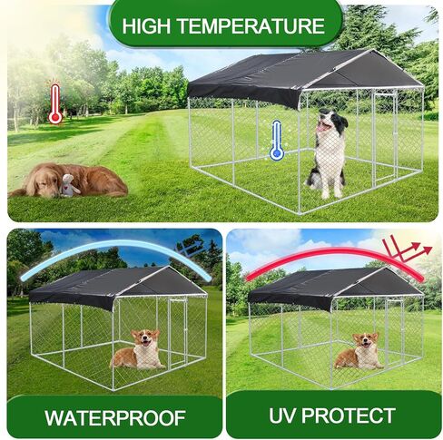 Large Outdoor Metal Dog Kennel with Waterproof Cover, Galvanized Steel Dog House, Dogs Cage & Dog Enclosures for Backyard Farm Use(9.8 * 9.8 * 5.6FT) in Kuwait