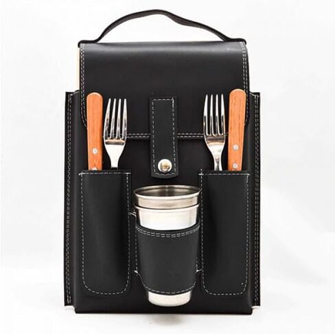 Inspirational Camping Set - Authentic PU Leather Design, Portable Camping Plates and Utensils - Ideal Picnic Plates and Utensils Set for Adventurers, Travel Plate and Utensil Set in Saudi Arabia