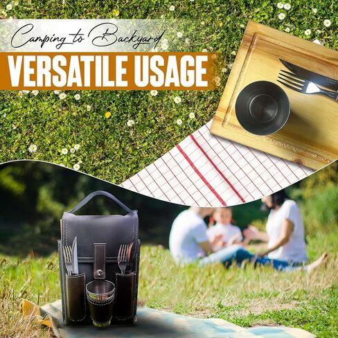 Inspirational Camping Set - Authentic PU Leather Design, Portable Camping Plates and Utensils - Ideal Picnic Plates and Utensils Set for Adventurers, Travel Plate and Utensil Set in Saudi Arabia