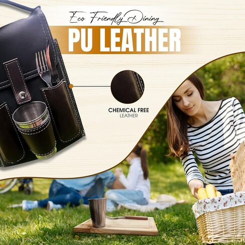Inspirational Camping Set - Authentic PU Leather Design, Portable Camping Plates and Utensils - Ideal Picnic Plates and Utensils Set for Adventurers, Travel Plate and Utensil Set in Saudi Arabia