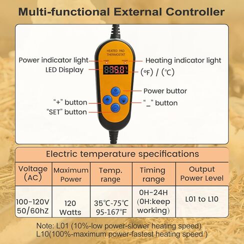 وسادة تدفئة للحيوانات الأليفة للقطط، سخان حظيرة الدجاج للكلاب 95-167 درجة فهرنهايت، درجة حرارة ومستوى طاقة قابلين للتعديل، مؤقت 0-24 ساعة، لوحة حرارية مقاومة للماء موفرة للطاقة للاستخدام الداخلي والخارجي in Kuwait