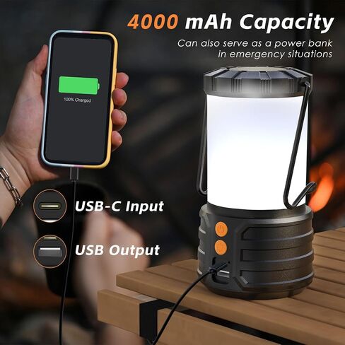 LED Rechargeable Camping Lantern, 4000 mAh Capacity, IPX4 Water Resistant Tent Light, 3 Lighting Modes, Lanterns for Power Outages, Emergency, Hurricane in Saudi Arabia