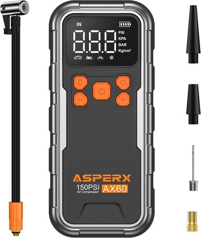 ضاغط هواء محمول منفاخ إطارات ASPERX AX60، مضخة هواء 150 رطل لكل بوصة مربعة لإطارات السيارات، منفاخ هواء أسرع 3 مرات مع كشف الضغط، مضخة إطارات محمولة مع ضوء LED لكرة محرك دراجة السيارة in Kuwait