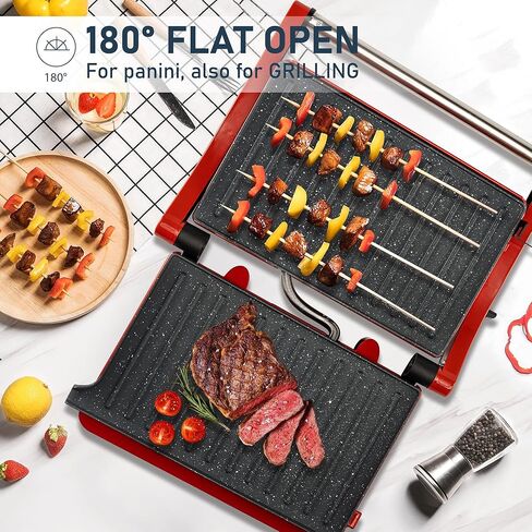 صانعة الساندوتشات من بانيني جريل، عصارة بانيني مع غطاء قفل وأضواء مؤشر، عصارة بانيني صغيرة مكونة من شريحتين، صانعة الجبن المشوي، تفتح 180 درجة لأي حجم، مقبض بارد الملمس، أحمر in Kuwait