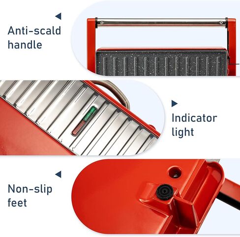 صانعة الساندوتشات من بانيني جريل، عصارة بانيني مع غطاء قفل وأضواء مؤشر، عصارة بانيني صغيرة مكونة من شريحتين، صانعة الجبن المشوي، تفتح 180 درجة لأي حجم، مقبض بارد الملمس، أحمر in Kuwait