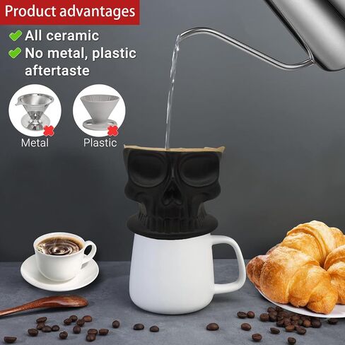 Skull Pour Over Coffee Maker,V60 Ceramic Coffee Dripper,2 Cups,Goth Decor,Gifts for Skull Lovers & for Women,Microwave & Dishwasher Safe (Black) in Saudi Arabia
