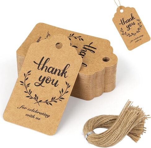 Koogel 200PCS Thank You Tags, Gift Tags with Strings Hanging Label Brown Paper Tags for Wedding Bridal Party Baby Shower Invitation Thanksgiving in Saudi Arabia