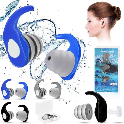 سدادات الأذن للسباحة 3 أزواج من البالغين والأطفال، سدادات أذن للسباحين، سدادات أذن للسباحين للرجال والنساء، سدادات أذن سيليكون مقاومة للماء للسباحة والغطس والاستحمام وركوب الأمواج (فيروزي برتقالي وردي) in Kuwait
