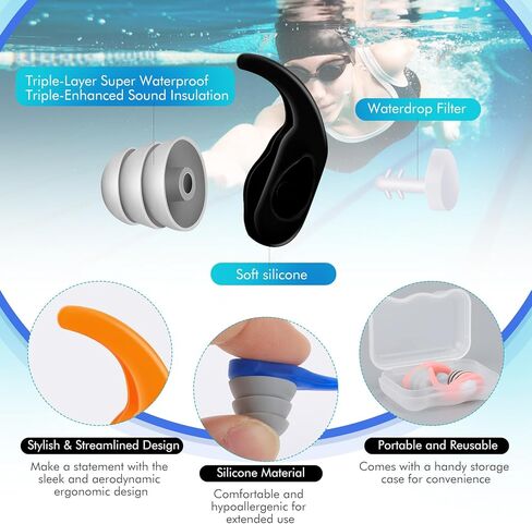 سدادات الأذن للسباحة 3 أزواج من البالغين والأطفال، سدادات أذن للسباحين، سدادات أذن للسباحين للرجال والنساء، سدادات أذن سيليكون مقاومة للماء للسباحة والغطس والاستحمام وركوب الأمواج (فيروزي برتقالي وردي) in Kuwait