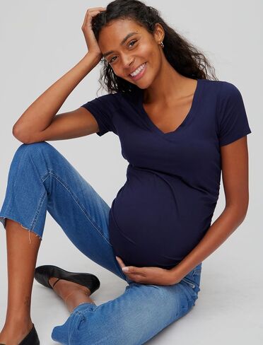بنطلون جينز نسائي من Motherhood Maternity فائق التمدد فوق البطن وساق مستقيمة ونحيف باللون الأزرق النيلي in Saudi Arabia