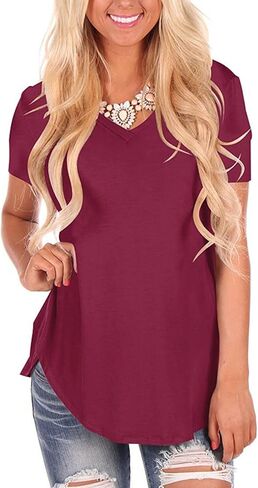 تي شيرت نسائي صيفي برقبة على شكل حرف V فضفاض بحاشية منحنية وأكمام قصيرة in Kuwait