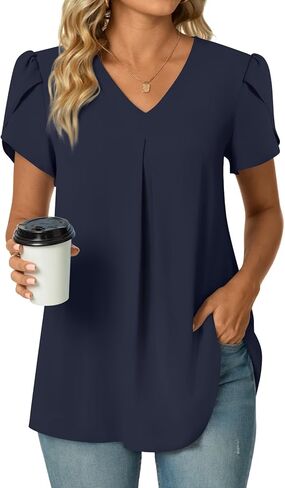 POPYOUNG Women's Summer Dressy Chiffon Blouses Short Sleeve V Neck Tunic Tops for Leggings Casual T-Shirts in Kuwait