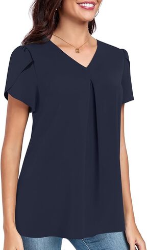 POPYOUNG Women's Summer Dressy Chiffon Blouses Short Sleeve V Neck Tunic Tops for Leggings Casual T-Shirts in Kuwait