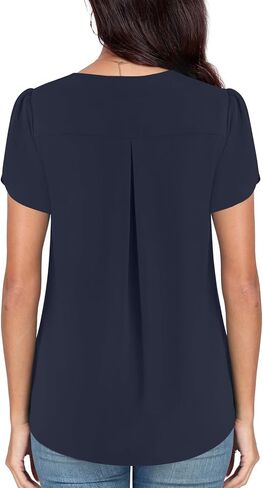 POPYOUNG Women's Summer Dressy Chiffon Blouses Short Sleeve V Neck Tunic Tops for Leggings Casual T-Shirts in Kuwait