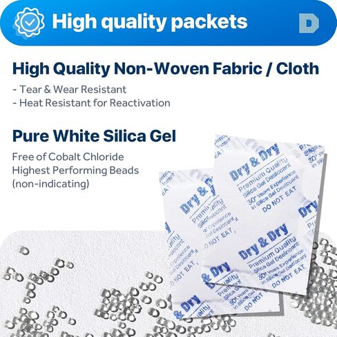 Dry & Dry 200 Gram [10 Packets] Premium Silica Gel Packets Desiccant Dehumidifiers - Rechargeable Fabric Silica Packets, Silica Gel Packs, Silica Gel in Saudi Arabia