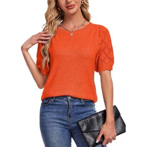 Women's Short Sleeve Knit Tops Soft Puff Sleeve Lightweight Sweaters for Casual and Work in Kuwait