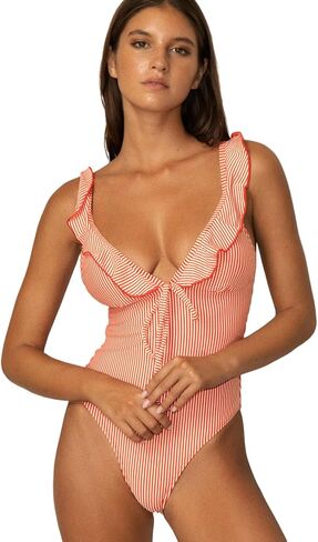 seamoly Vintage Striped Ruffles Trim Tied Plunging Neck One-Piece Swimsuit in Saudi Arabia