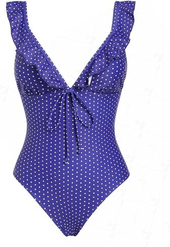 seamoly Vintage Striped Ruffles Trim Tied Plunging Neck One-Piece Swimsuit in Kuwait