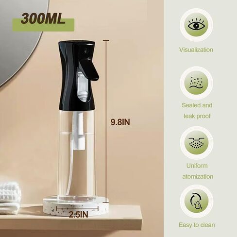 Fine Continously Mist Spray Bottle (10.1oz/300ml) for Body moisturizer Hair styling Cleaning Garden plant care etc.,Hair Mister Misting Continuous Mist Spray Bottle,2Pcs (Black+White) in Kuwait