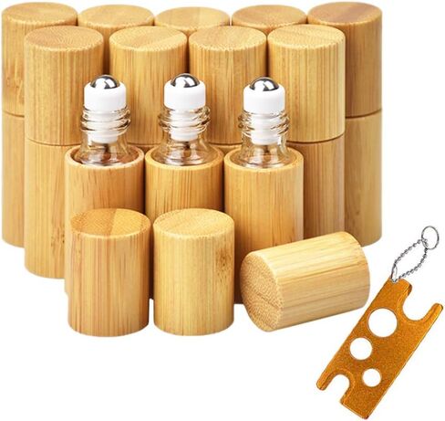 AUHOKY 12Pcs Bamboo Roll on Bottles for Essential Oils, Portable Massage Oil Bottle with Stainless Steel Roller Ball, Reusable Travel Perfumes Sample Lip Gloss Container (1 Opener) (5ML) in Kuwait