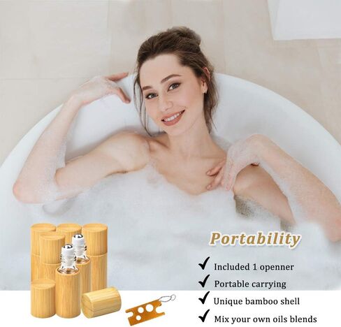 AUHOKY 12Pcs Bamboo Roll on Bottles for Essential Oils, Portable Massage Oil Bottle with Stainless Steel Roller Ball, Reusable Travel Perfumes Sample Lip Gloss Container (1 Opener) (5ML) in Kuwait