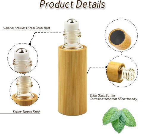 AUHOKY 12Pcs Bamboo Roll on Bottles for Essential Oils, Portable Massage Oil Bottle with Stainless Steel Roller Ball, Reusable Travel Perfumes Sample Lip Gloss Container (1 Opener) (5ML) in Kuwait