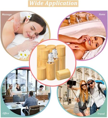 AUHOKY 12Pcs Bamboo Roll on Bottles for Essential Oils, Portable Massage Oil Bottle with Stainless Steel Roller Ball, Reusable Travel Perfumes Sample Lip Gloss Container (1 Opener) (5ML) in Kuwait