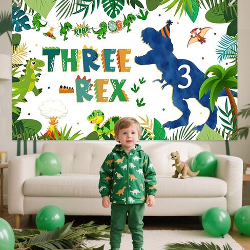 Dinosaur Three-rex Birthday Backdrop for Boy Happy 3rd Birthday Photography Background Greenery Jungle 3 Years Old Party Decorations Banner Supplies Photo Shoot Props 70.8 x 43.3 inch in Kuwait