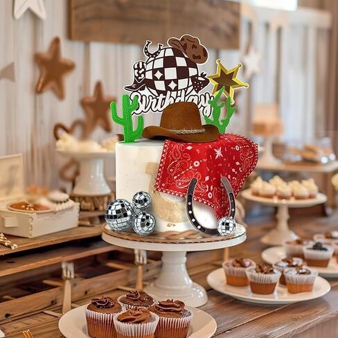 Cowgirl Birthday Cake Topper Cowgirl Hat Scarf Western Rodeo Theme Decoration for Birthday Baby Shower Western Theme Party Favors Supplies (Pink) in Kuwait
