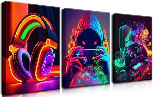 Eysintum 3pcs Framed Game Room Wall Art Gaming Decor Set Colorful Gaming Posters with Headset Controller and Gamer Character for Bedroom Playroom or Teen Boys Room 12x16in in Saudi Arabia