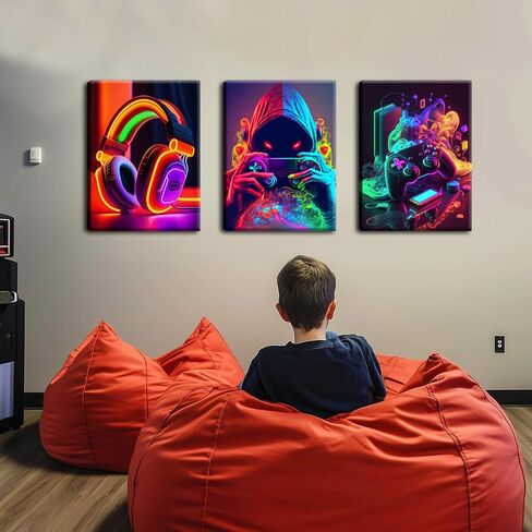 Eysintum 3pcs Framed Game Room Wall Art Gaming Decor Set Colorful Gaming Posters with Headset Controller and Gamer Character for Bedroom Playroom or Teen Boys Room 12x16in in Saudi Arabia