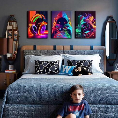 Eysintum 3pcs Framed Game Room Wall Art Gaming Decor Set Colorful Gaming Posters with Headset Controller and Gamer Character for Bedroom Playroom or Teen Boys Room 12x16in in Saudi Arabia