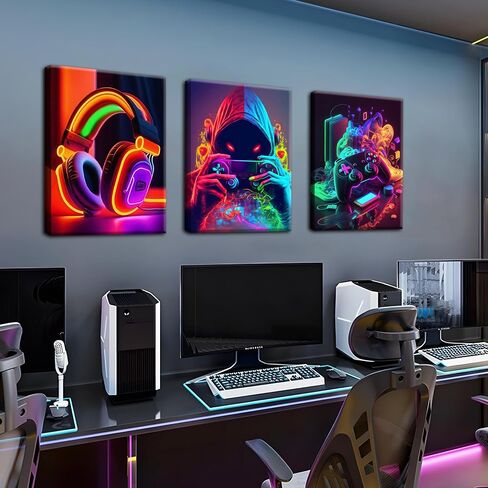 Eysintum 3pcs Framed Game Room Wall Art Gaming Decor Set Colorful Gaming Posters with Headset Controller and Gamer Character for Bedroom Playroom or Teen Boys Room 12x16in in Saudi Arabia