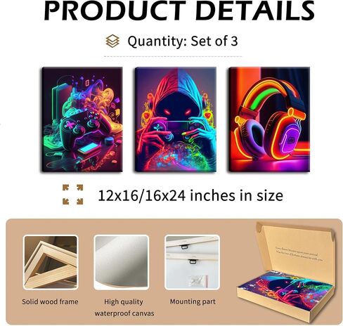 Eysintum 3pcs Framed Game Room Wall Art Gaming Decor Set Colorful Gaming Posters with Headset Controller and Gamer Character for Bedroom Playroom or Teen Boys Room 12x16in in Saudi Arabia