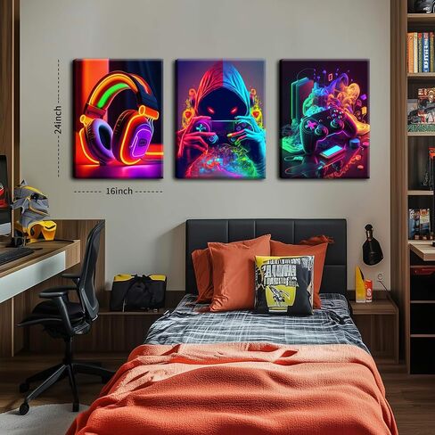 Eysintum 3pcs Framed Game Room Wall Art Gaming Decor Set Colorful Gaming Posters with Headset Controller and Gamer Character for Bedroom Playroom or Teen Boys Room 12x16in in Saudi Arabia