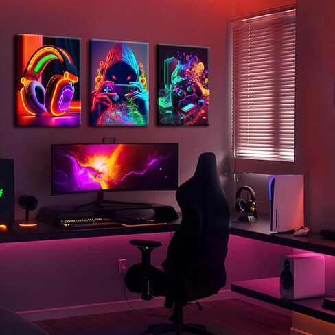 Eysintum 3pcs Framed Game Room Wall Art Gaming Decor Set Colorful Gaming Posters with Headset Controller and Gamer Character for Bedroom Playroom or Teen Boys Room 12x16in in Saudi Arabia