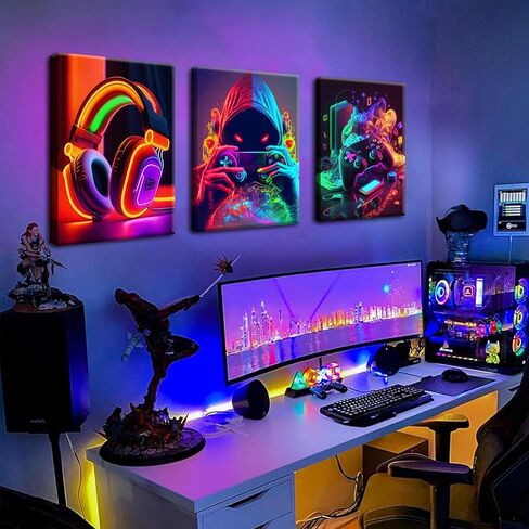 Eysintum 3pcs Framed Game Room Wall Art Gaming Decor Set Colorful Gaming Posters with Headset Controller and Gamer Character for Bedroom Playroom or Teen Boys Room 12x16in in Saudi Arabia