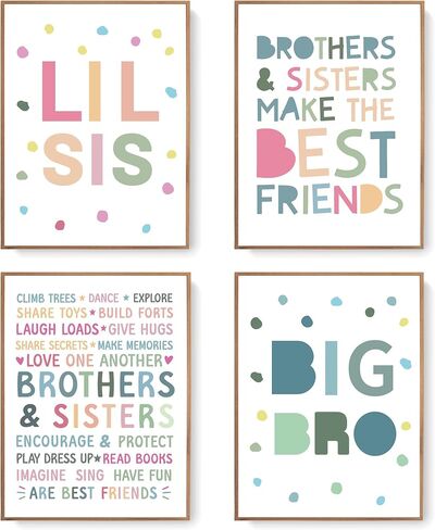 LARTSFRO Brother and Sister Make The Best Friends Wall Art Decor Posters, Baby Boys Gril Nursery Room Playroom Bedroom Bathroom Wall Art Decor, Inspirational Decor for Big Sister Little Brother Nursery Toddler Baby, Gifts for Kids 10x8 Inch Set of 4 Pcs ( in Saudi Arabia