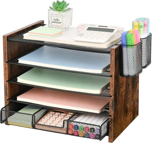 OPNCIE Desk Organizer Accessories, 4-Tier Paper Letter Tray File Organizer with Drawer & 2 Pen Holder, Office Desk Accessories Workspace Desktop Organizer for Office Supplies(Brown) in Saudi Arabia
