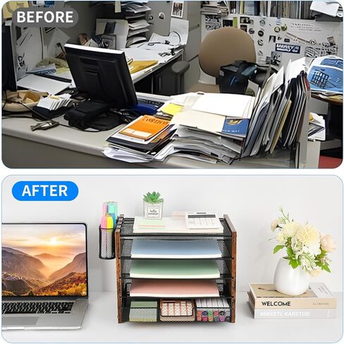 OPNCIE Desk Organizer Accessories, 4-Tier Paper Letter Tray File Organizer with Drawer & 2 Pen Holder, Office Desk Accessories Workspace Desktop Organizer for Office Supplies(Brown) in Saudi Arabia
