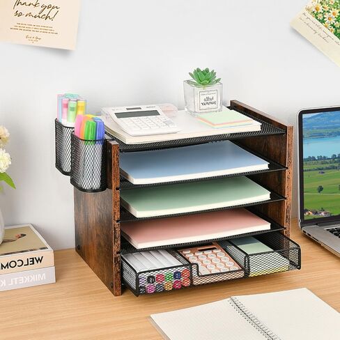 OPNCIE Desk Organizer Accessories, 4-Tier Paper Letter Tray File Organizer with Drawer & 2 Pen Holder, Office Desk Accessories Workspace Desktop Organizer for Office Supplies(Brown) in Saudi Arabia