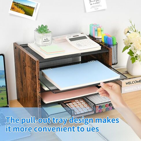 OPNCIE Desk Organizer Accessories, 4-Tier Paper Letter Tray File Organizer with Drawer & 2 Pen Holder, Office Desk Accessories Workspace Desktop Organizer for Office Supplies(Brown) in Saudi Arabia