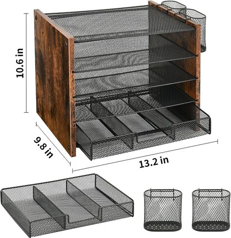 OPNCIE Desk Organizer Accessories, 4-Tier Paper Letter Tray File Organizer with Drawer & 2 Pen Holder, Office Desk Accessories Workspace Desktop Organizer for Office Supplies(Brown) in Saudi Arabia