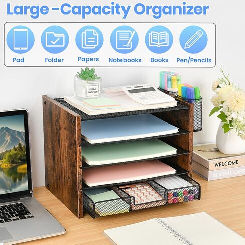 OPNCIE Desk Organizer Accessories, 4-Tier Paper Letter Tray File Organizer with Drawer & 2 Pen Holder, Office Desk Accessories Workspace Desktop Organizer for Office Supplies(Brown) in Saudi Arabia