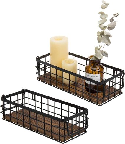 MyGift 13 and 12 Inch Nesting Storage Baskets with Handles, Wall Mounted or Tabletop White Metal Wire and Premium Acacia Wood Decorative Shelf Organizer Bins, 2 Piece Set in Saudi Arabia