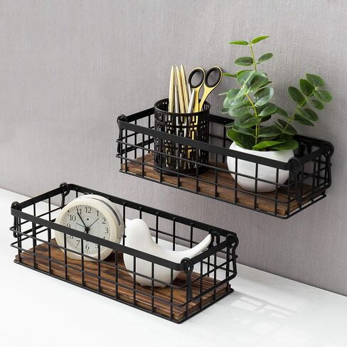 MyGift 13 and 12 Inch Nesting Storage Baskets with Handles, Wall Mounted or Tabletop White Metal Wire and Premium Acacia Wood Decorative Shelf Organizer Bins, 2 Piece Set in Saudi Arabia