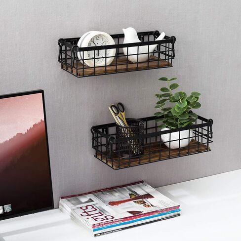 MyGift 13 and 12 Inch Nesting Storage Baskets with Handles, Wall Mounted or Tabletop White Metal Wire and Premium Acacia Wood Decorative Shelf Organizer Bins, 2 Piece Set in Saudi Arabia